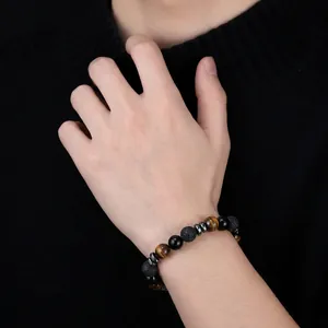 Bracelet Perlé en Pierre d'Oeil de Tigre Naturelle Obsidienne Pierre de Lave Mode Tendance Bijoux Fait Main pour Homme Femme