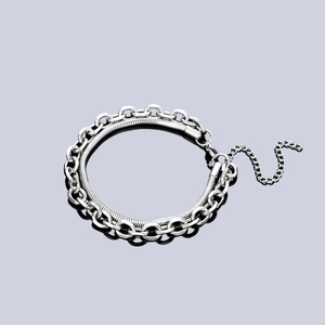 Double-layered silver titanium steel bracelet featuring a chunky link and snake chain design