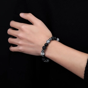 Tigerauge und Lavastein Perlenarmband für Herren und Damen mit polierten schwarzen Perlen