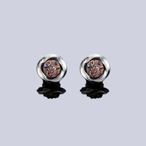 Polished silver Mobius magnetic earrings with colorful iridescent druzy stone inlays