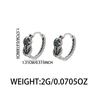 Retro snake earrings in oxidized silver finish with green gemstones and measurements