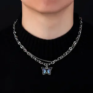 Blue Butterfly Flame Pendant Necklace Titanium Steel Alloy Double Layer Cuban Link Chain Streetwear Hip Hop Fashion Jewelry For Men Women