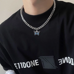 Titanium steel silver Cuban chain necklace with a blue butterfly pendant for men and women