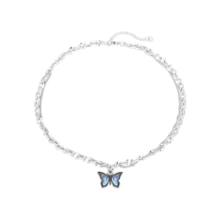 Double-layer stainless steel necklace with blue butterfly pendant for men and women