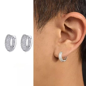 Hip Hop Street Style Full Rhinestone Hoop Earrings For Men Women 925 Sterling Silver Post Geometric Copper Ear Studs Jewelry