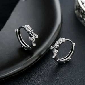Vintage oxidized titanium steel cross hoop earrings with punk chrome floral relief