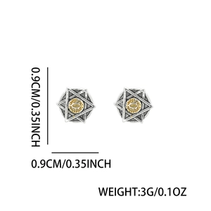Retro hexagram eye ear clips with vintage silver texture and gold disc engraving