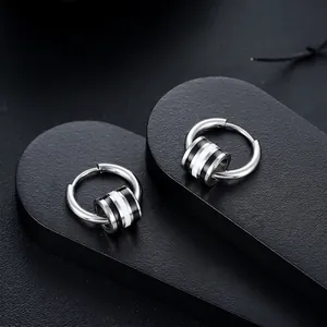 Moderne Titanstahl Gestreifte Creolen Unisex Minimalistisch Schwarz Weiß Zylinder Anhänger Edelstahl Ohrstecker Schmuck