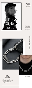 Détail d'un collier multicouche en acier titane avec pierre de marbre sur cuir noir