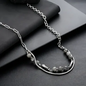Collier en Acier Titane avec Pierre Irrégulière pour Homme Femme Chaîne Asymétrique Trombone et Serpent Bijoux Mode