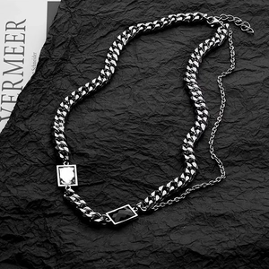 Hip Hop Stainless Steel Cuban Link Necklace With Black And White Square Zirconia Pendants For Men Punk Style Jewelry