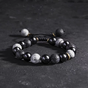 Men Volcanic Rock Obsidian Beaded Bracelet Adjustable Natural Lava Stone Ethnic Style Hand-Woven Jewelry Gift