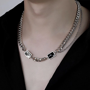 Double-layered hip hop Cuban link necklace for men with black rectangular gemstones