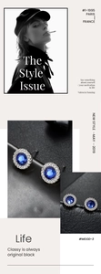 Detailed close-up of blue zircon stud earrings with silver halo setting on black background