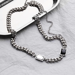 Hip hop silver cuban link chain for men with black and white rectangular gemstone pendants