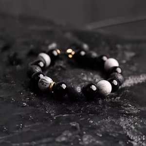 Volcanic lava rock and obsidian beaded bracelet for men with golden metal spacers