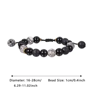 Men's volcanic rock and obsidian beaded bracelet with adjustable drawstring closure