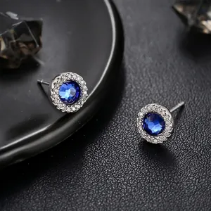 French Luxury Round Blue Zirconia Stud Earrings For Men Women Copper Silver Plated Halo Rhinestone Fashion Jewelry Gift