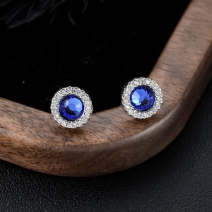 Blue zircon stud earrings with sparkling pavé crystals in silver finish for men and women