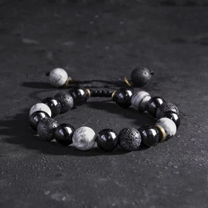 Men's Vintage Obsidian And Lava Stone Beaded Bracelet Adjustable Handmade Braided Rope Marble Pattern Beads Jewelry Gift