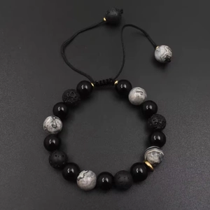 Men's obsidian and volcanic stone bracelet with adjustable braided cord and mixed beads