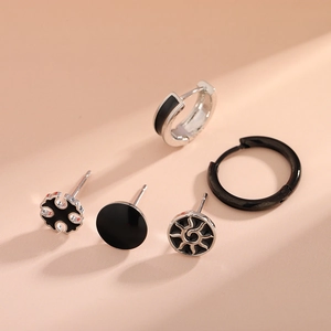 Titanium steel earring set featuring black enamel cross and geometric stud earrings