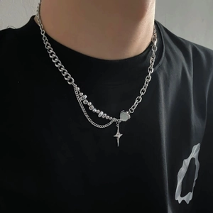 Vintage Titanium Steel Spliced Necklace For Men Women Y2K Punk Cross Four Pointed Star Pendant Necklace Rhinestone Jewelry