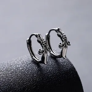 Men Retro Silver Color Copper Huggie Earrings With Engraved Cross Fleur-de-lis Pattern Gothic Hip Hop Style