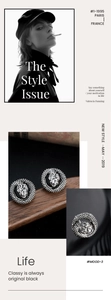 Detailed view of silver lion head stud earring with vintage engraving and beaded texture
