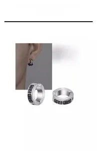 Detailed close-up of silver titanium steel ear clips with black fret pattern design