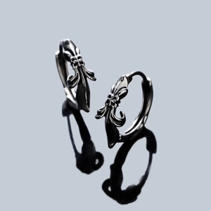 Gothic style cross fleur-de-lis hoop earrings in vintage silver finish for men and women