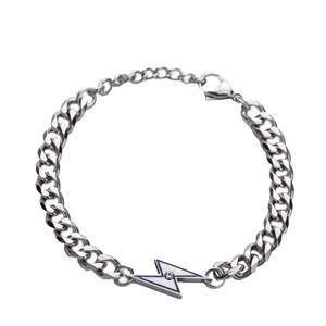 Pulsera de cadena cubana plateada con dije de rayo azul y cierre de mosquetón