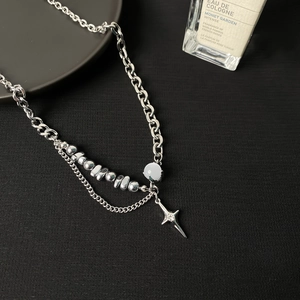 Cat eye stone star pendant necklace with double layer stainless steel cuban chain for unisex