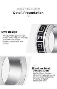 Macro detail of titanium steel ring featuring Greek key patterns and black drip oil finish