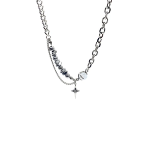 Y2K style silver asymmetric necklace with cat eye stone and star pendant for men and women