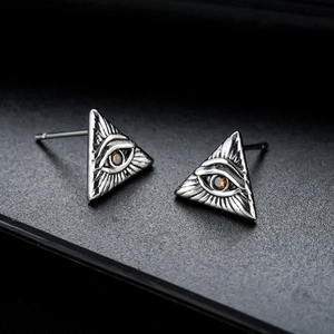 Retro Eye of Providence triangle stud earrings with amber crystal in vintage silver finish