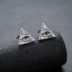 Retro triangle Eye of Providence stud earrings with amber stone in vintage silver finish