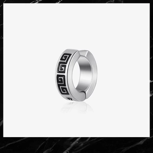 Titanium steel ear cuff with black Greek key pattern and hinge closure for men