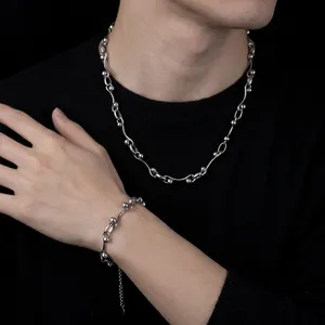 Minimalist Stainless Steel Wavy Link Necklace Bracelet Set For Men Women Silver Color Bead Chain Handcrafted Trendy Jewelry Accessories