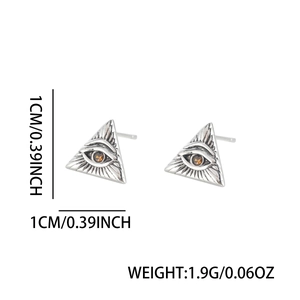 Retro triangle silver eye stud earrings with amber gemstone and radiant line relief