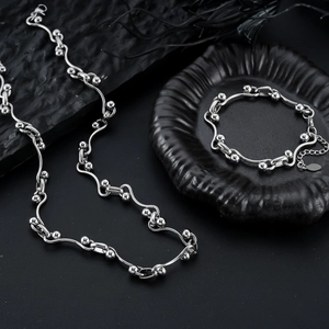 Silver interlocking wave bar and bead chain necklace and bracelet jewelry set
