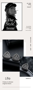 Macro detail of black crystal pavé triangle stud earring with silver antler design
