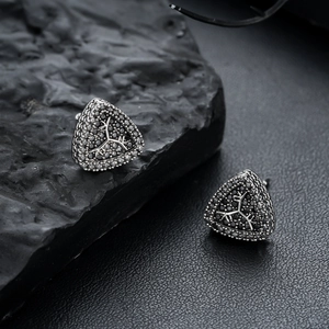 Triangle stud earrings in silver finish with black crystal pavé for punk style fashion