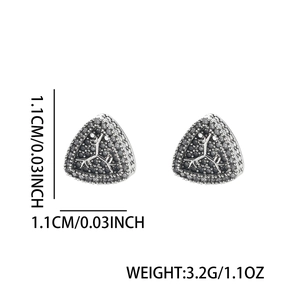Triangle stud earrings with black pavé crystals and silver accents for men and women