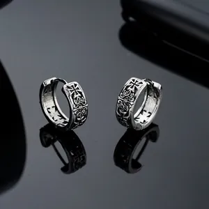 Vintage Gothic Cross Engraved Hoop Earrings For Men Women Antique Silver Copper Relief Punk Rock Ear Accessories Jewelry