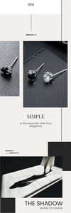 Detailed macro view of minimalist S925 silver stud earrings with black and white zircons