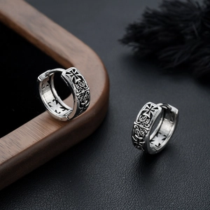 Gothic cross hoop earrings in vintage silver finish with intricate floral engraving