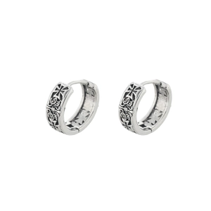 Retro oxidized silver hoop earrings with gothic Maltese cross and vine pattern engraving