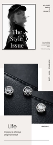 Detailed view of silver bud-shaped clip-on earrings with sparkling zircon on leather