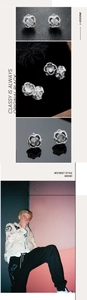Macro detail of silver vintage flower earrings with sparkling zircon inlay for men and women